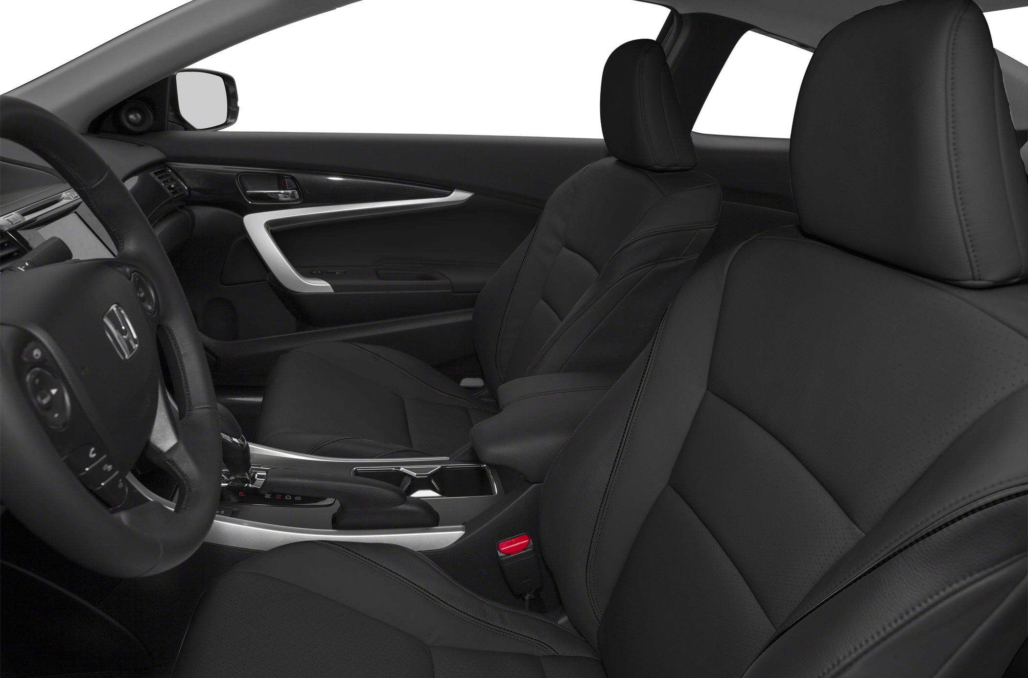 Black leather front seats with modern center console and sleek door panel