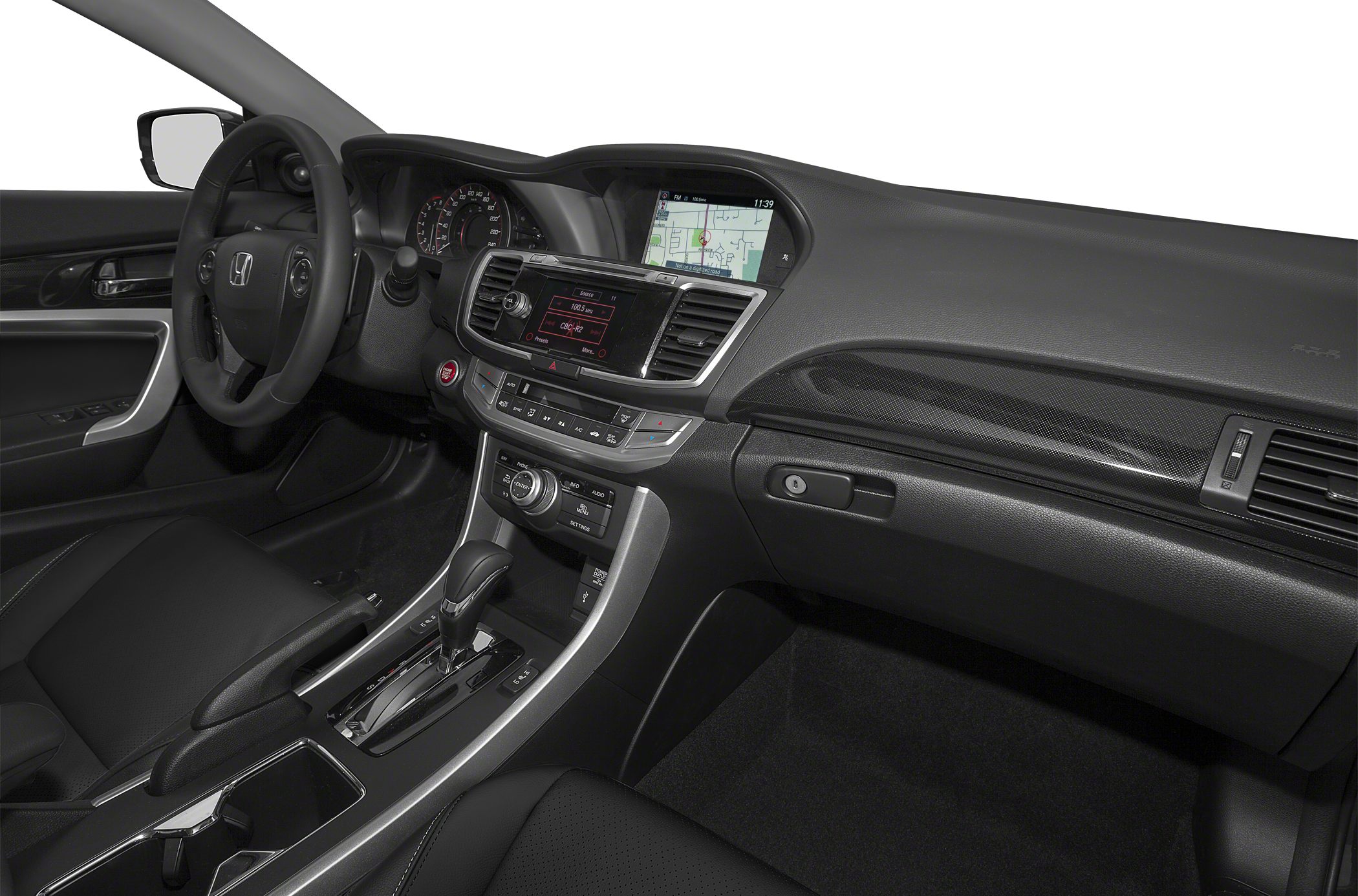 Modern car dashboard with navigation screen and gear shift