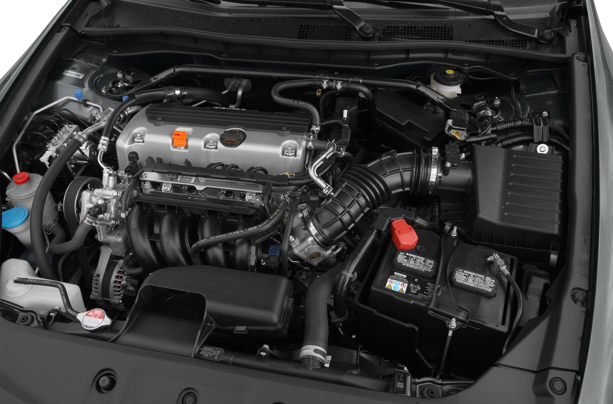 Engine bay with detailed motor components and air intake system