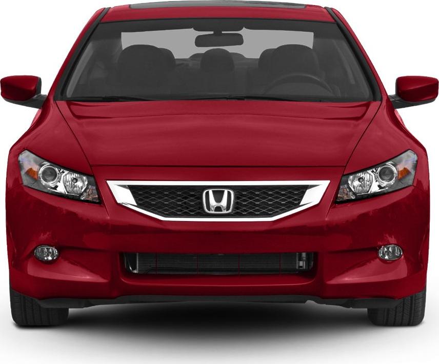 Front view showing headlights, grille, and bumper of a red coupe