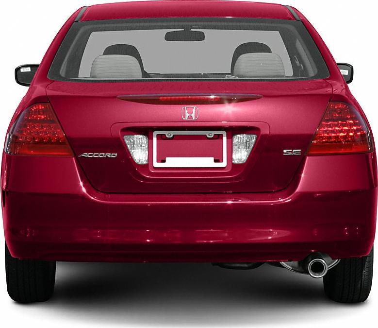 Rear view of a sedan with integrated taillights and single exhaust pipe