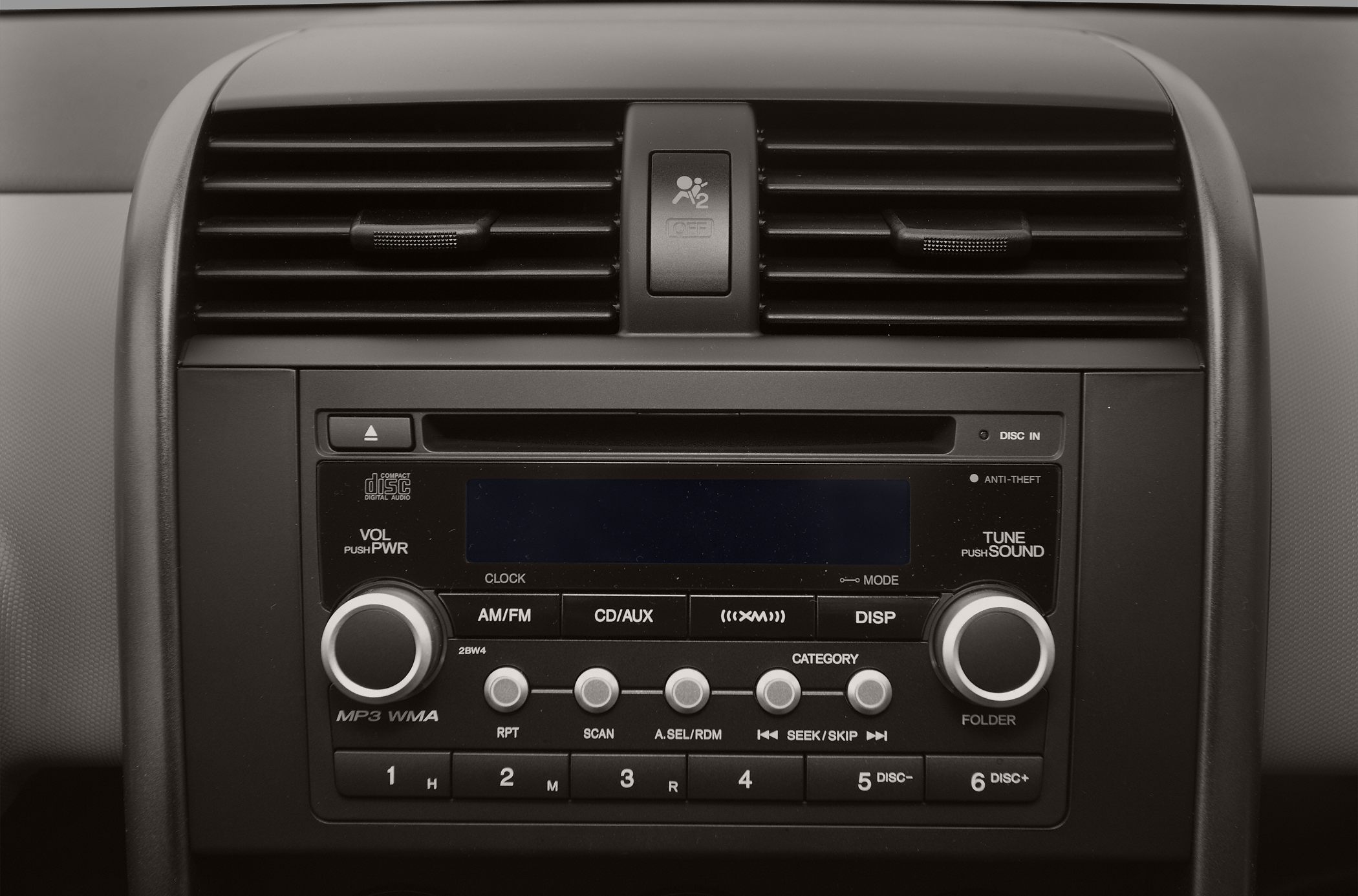 Center console audio system with air vents and control buttons