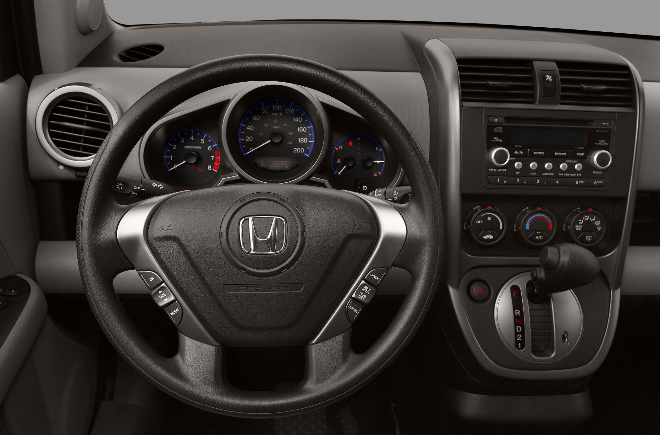 Steering wheel, instrument cluster, and center console controls in car interior