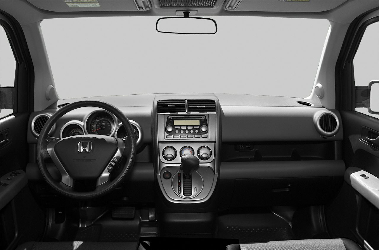 Dashboard and steering wheel view with center console controls