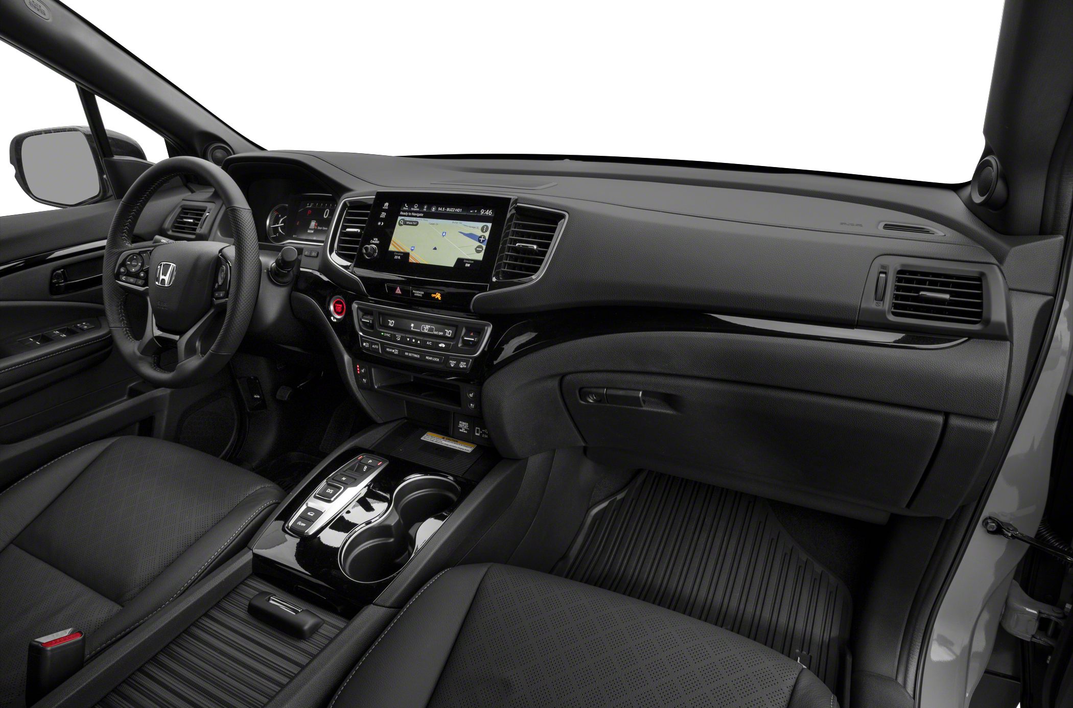 Modern SUV interior with touchscreen, climate controls, and push start button