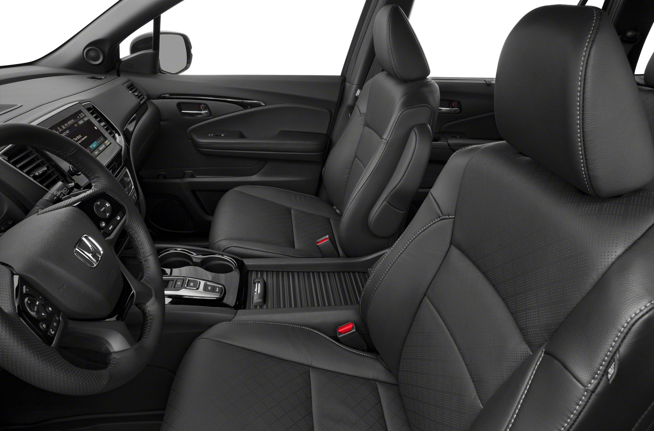 Front leather seats, dashboard, and center console with controls and cup holders