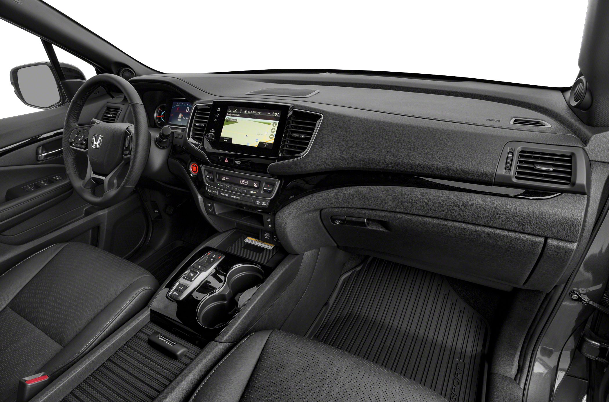 Interior with touchscreen infotainment, digital cluster, leather seats
