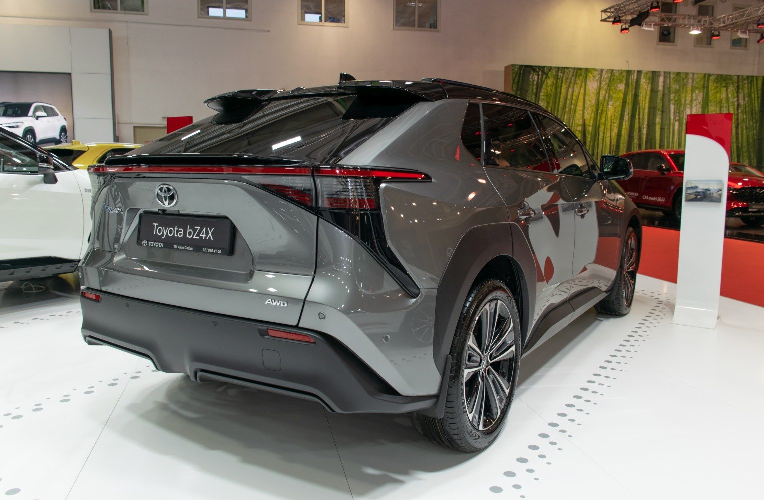 Rear view of AWD electric SUV with sleek taillights and aerodynamic design