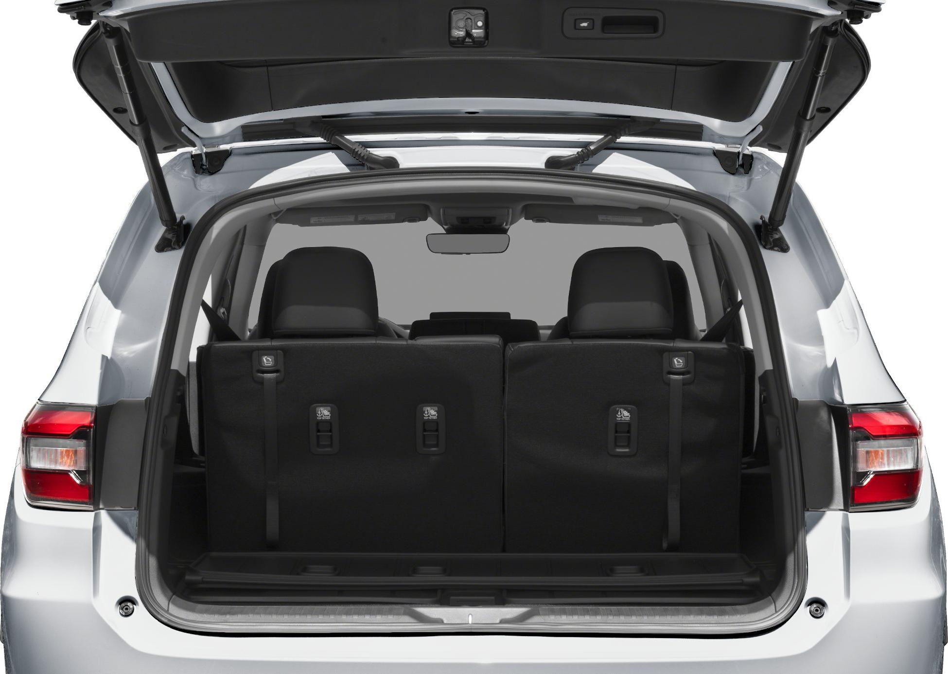 Open SUV tailgate and rear cargo area with upright third-row seats