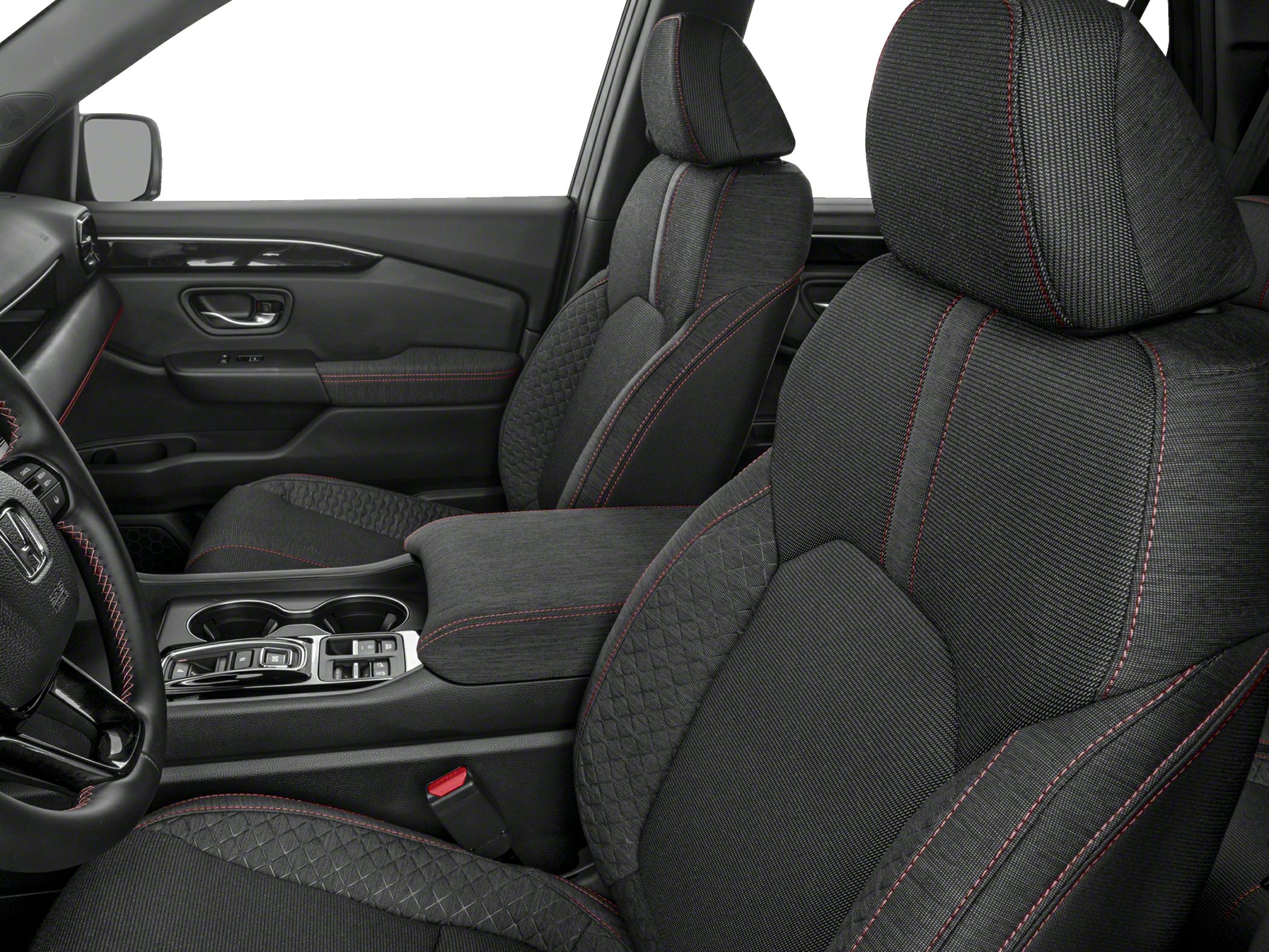Black fabric seats with red stitching and modern center console