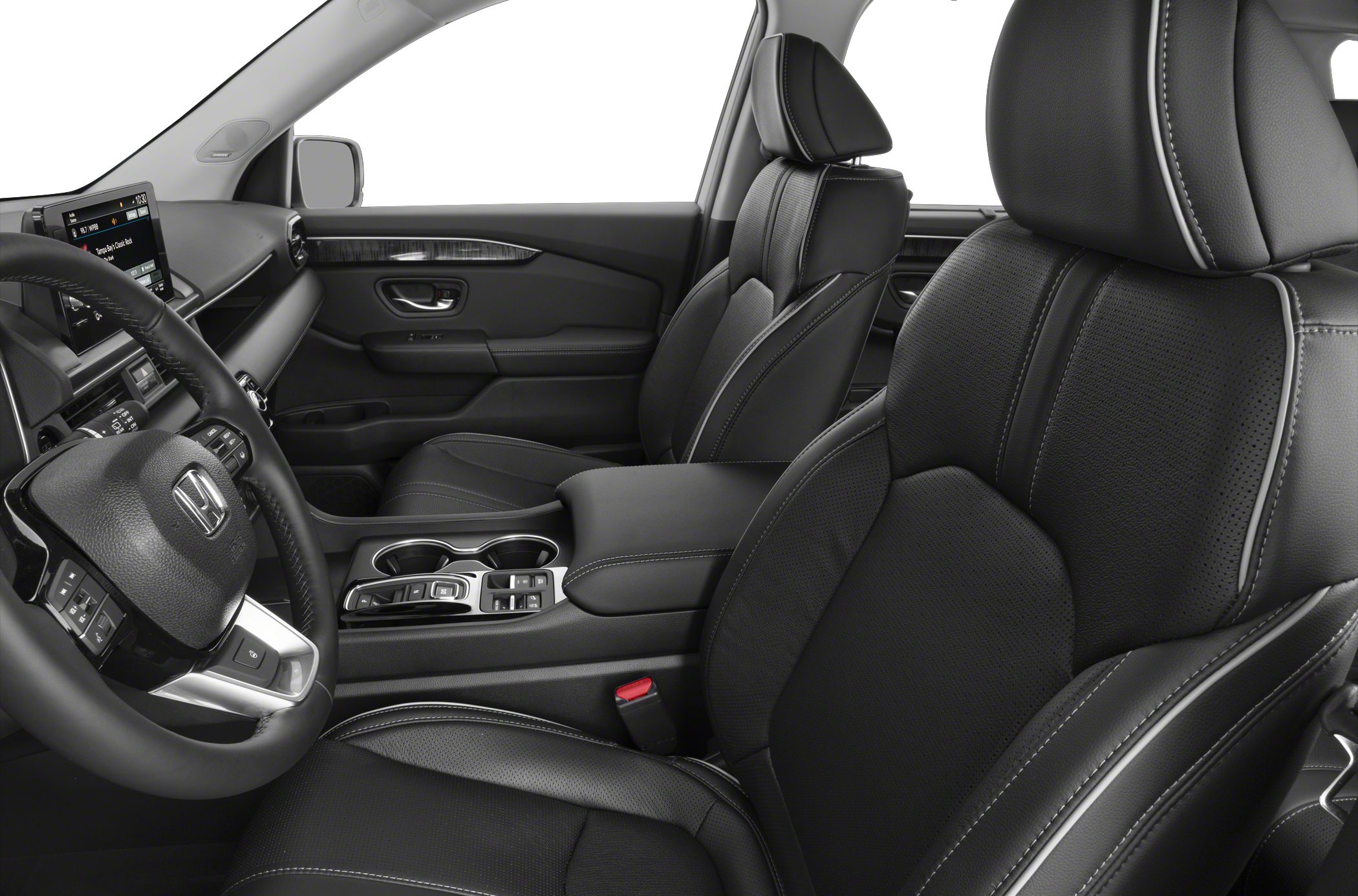 Black leather seats and modern dashboard in spacious SUV interior