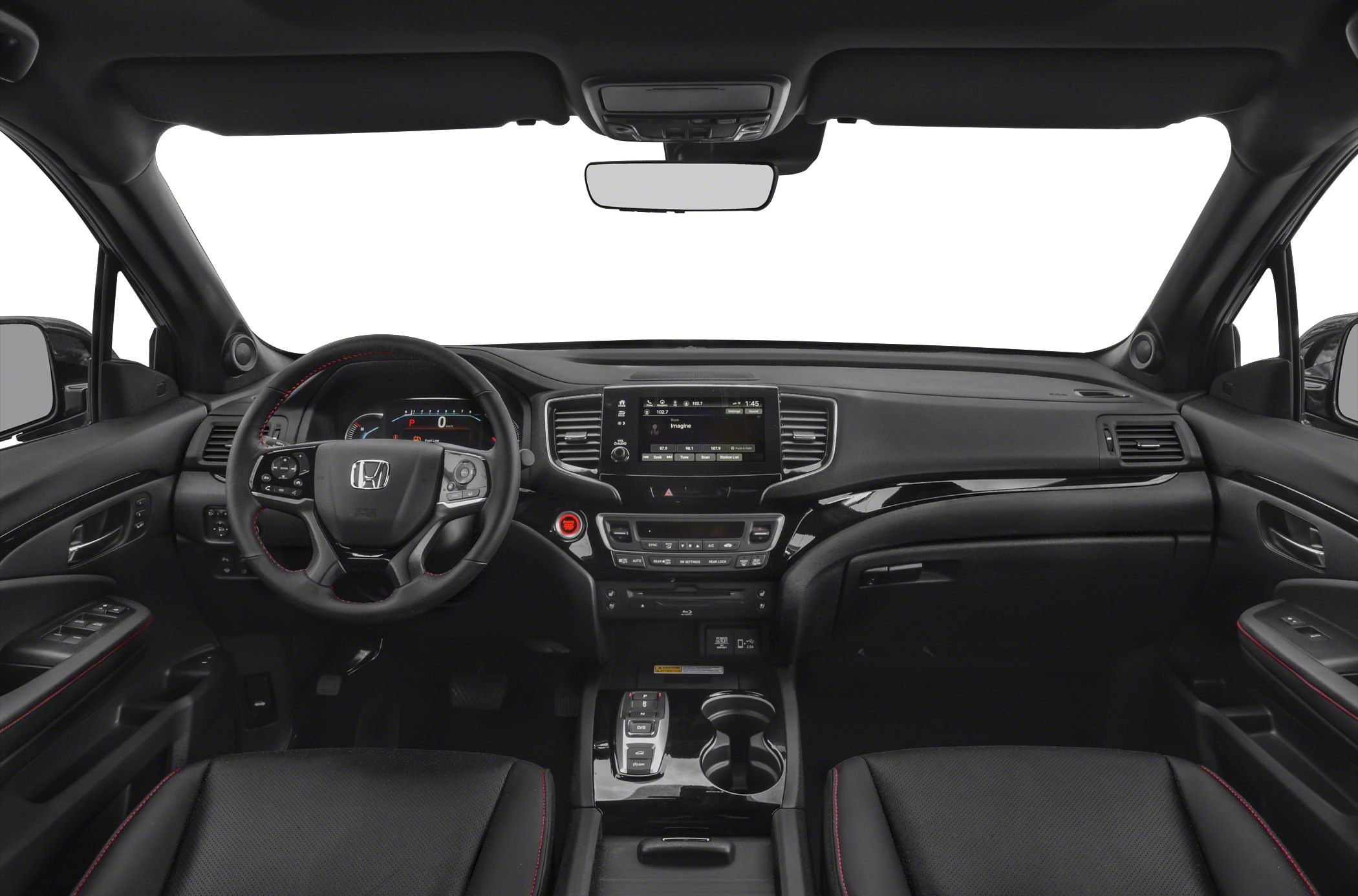 Interior dashboard with multifunction steering wheel and central touchscreen