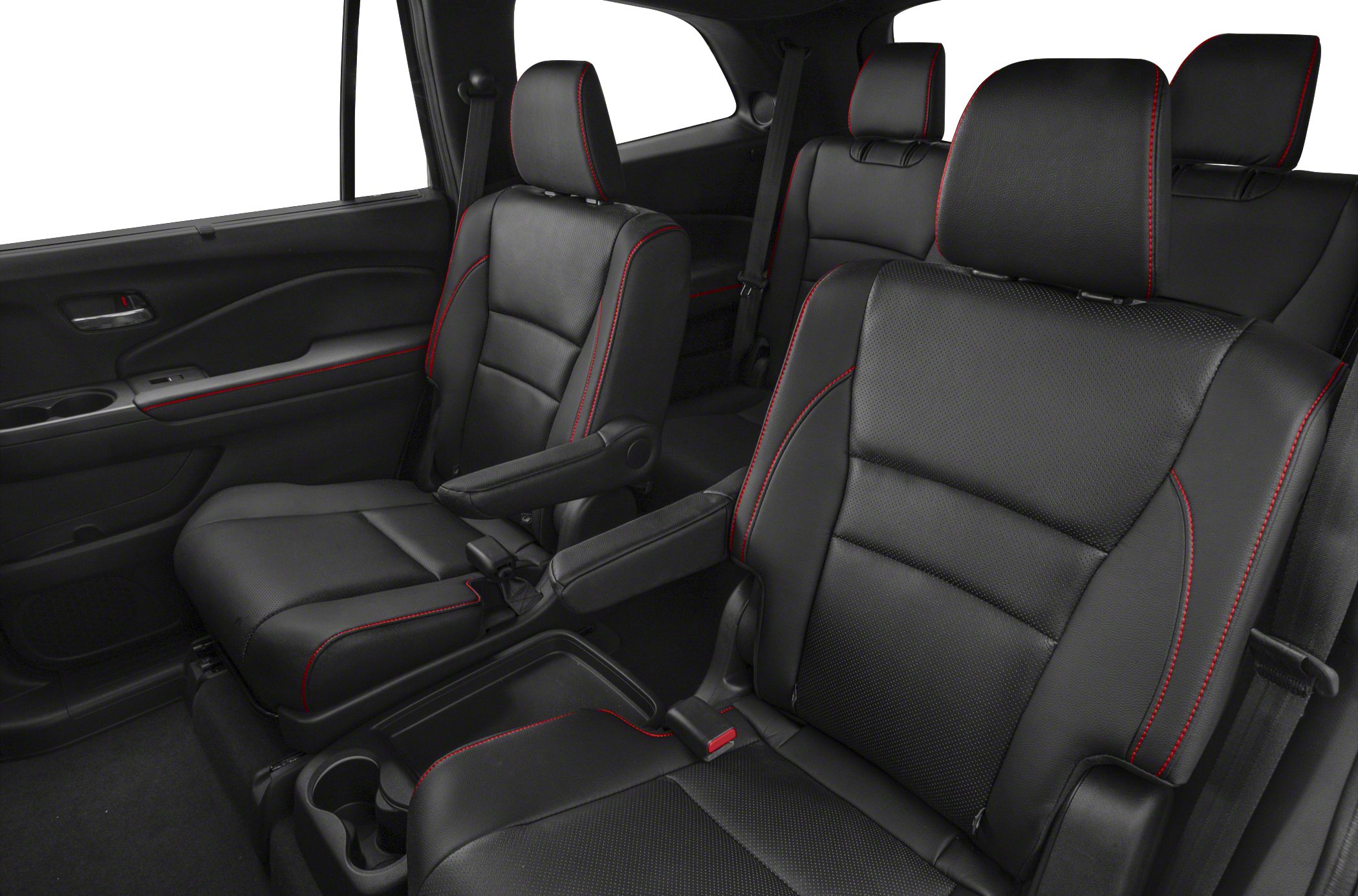 Black leather seats with red stitching in three-row seating layout
