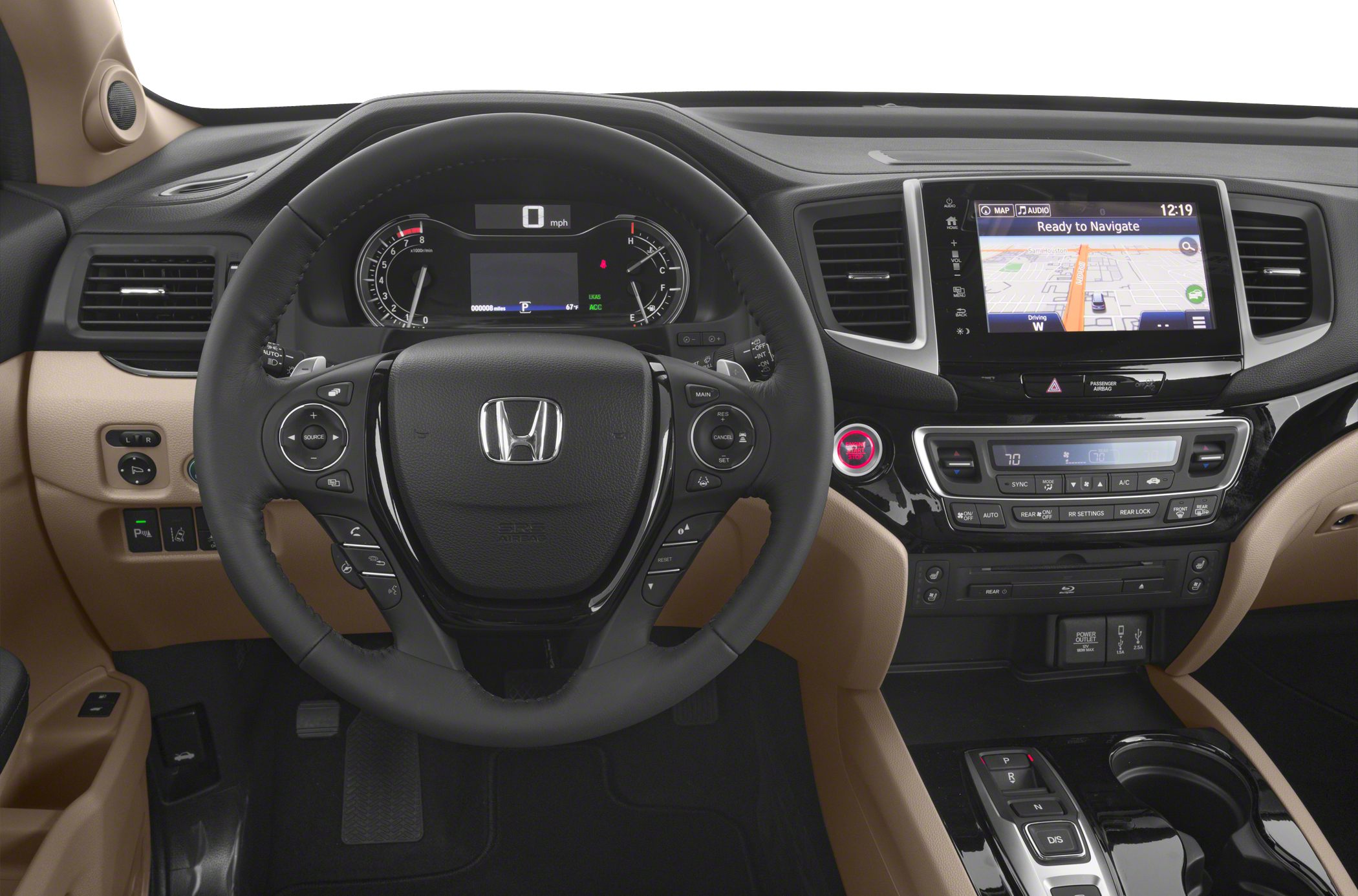 Dashboard, steering wheel, infotainment, and climate control panel