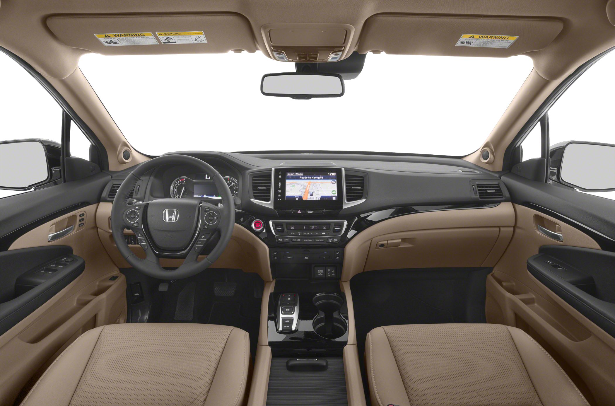 Interior view with dashboard, touchscreen, steering wheel