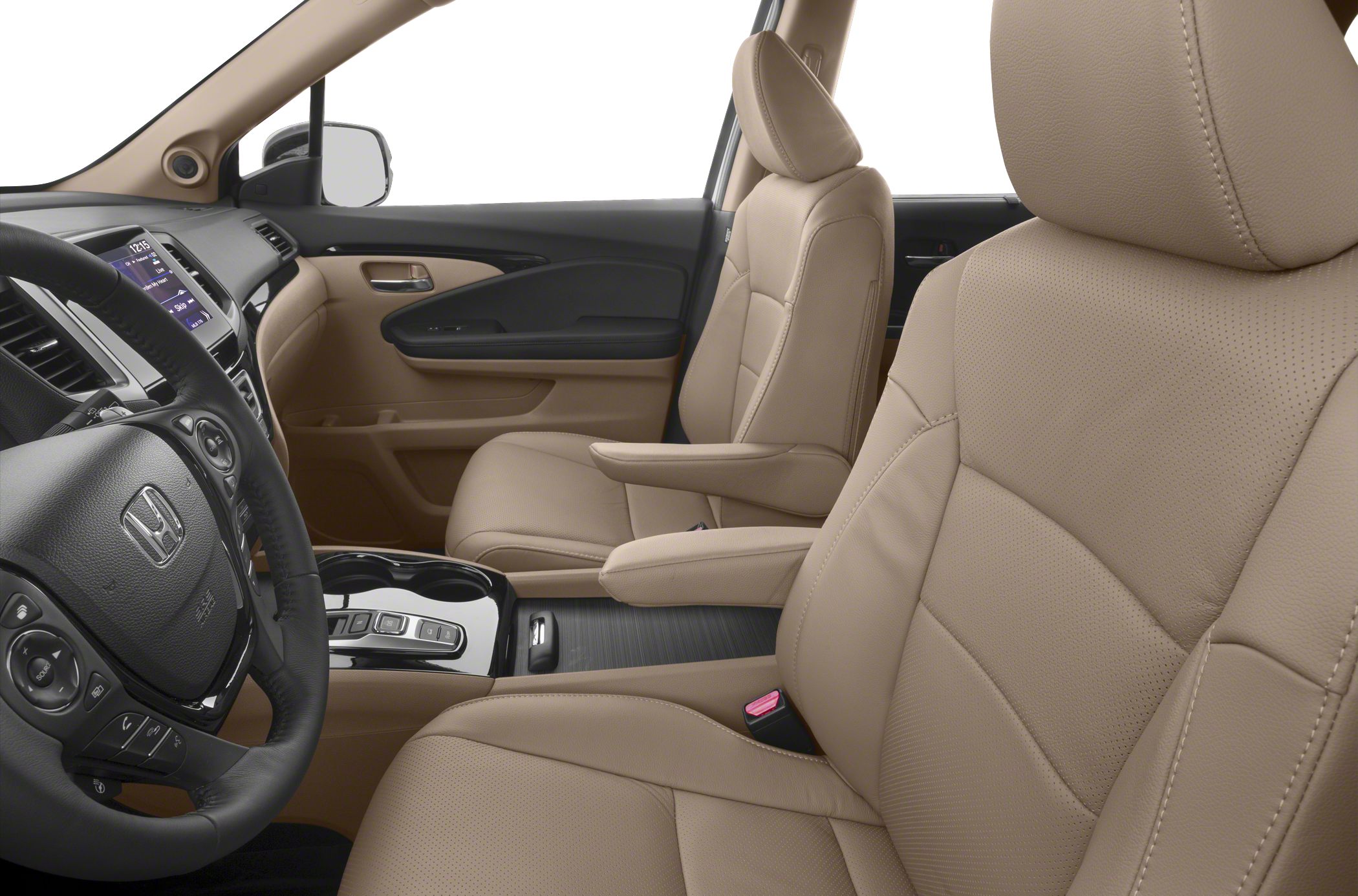 Tan leather front seats and dashboard with steering wheel
