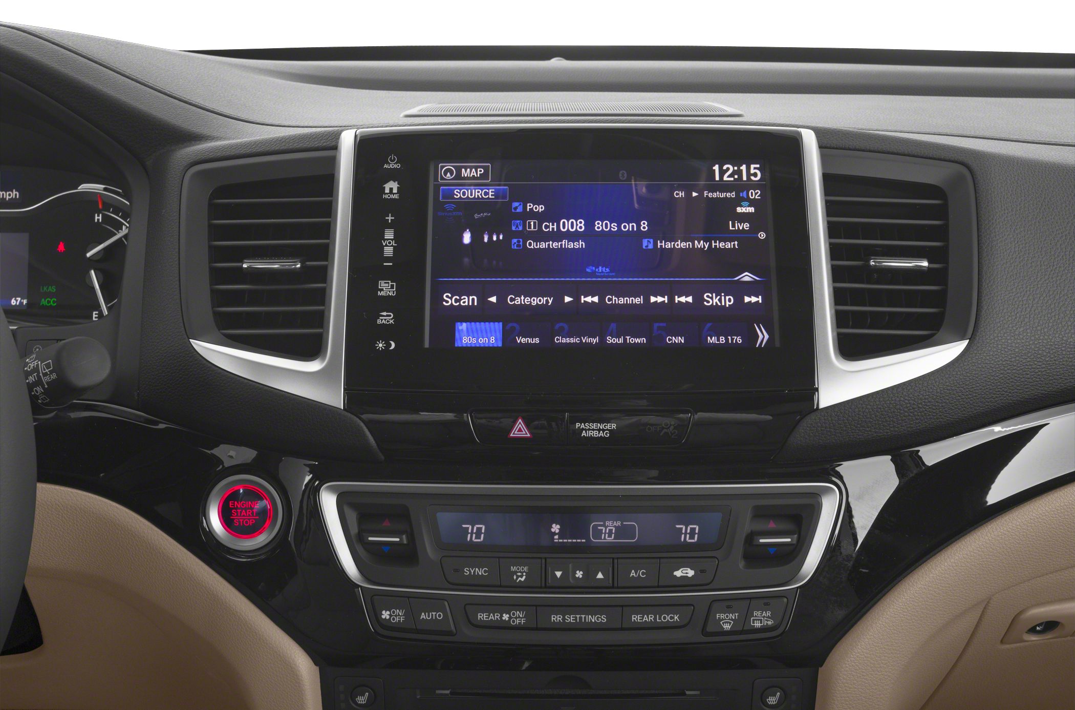 Touchscreen infotainment and dual-zone climate control panel with engine start button