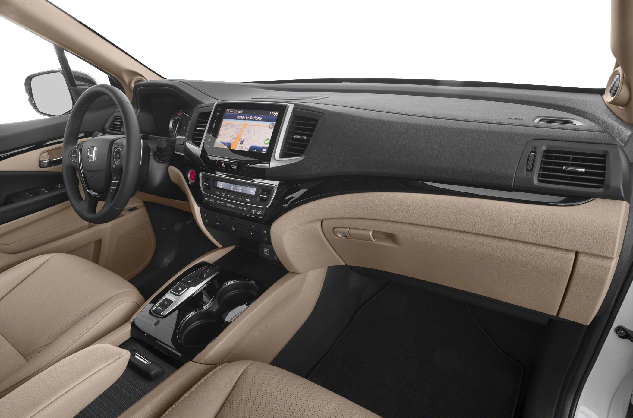 Beige-black interior with touchscreen navigation and push start.