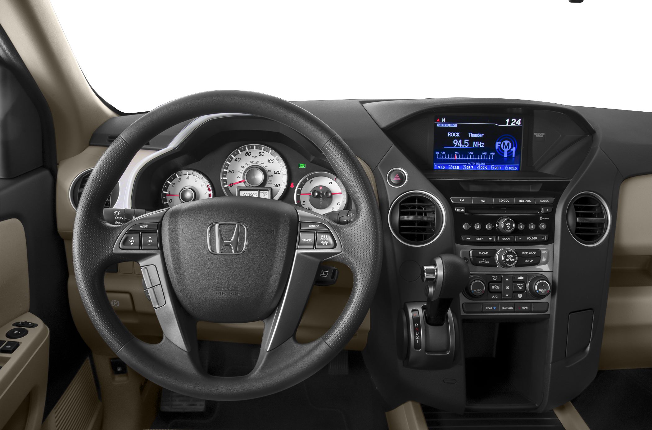 Steering wheel, dashboard, center console with control panel and display