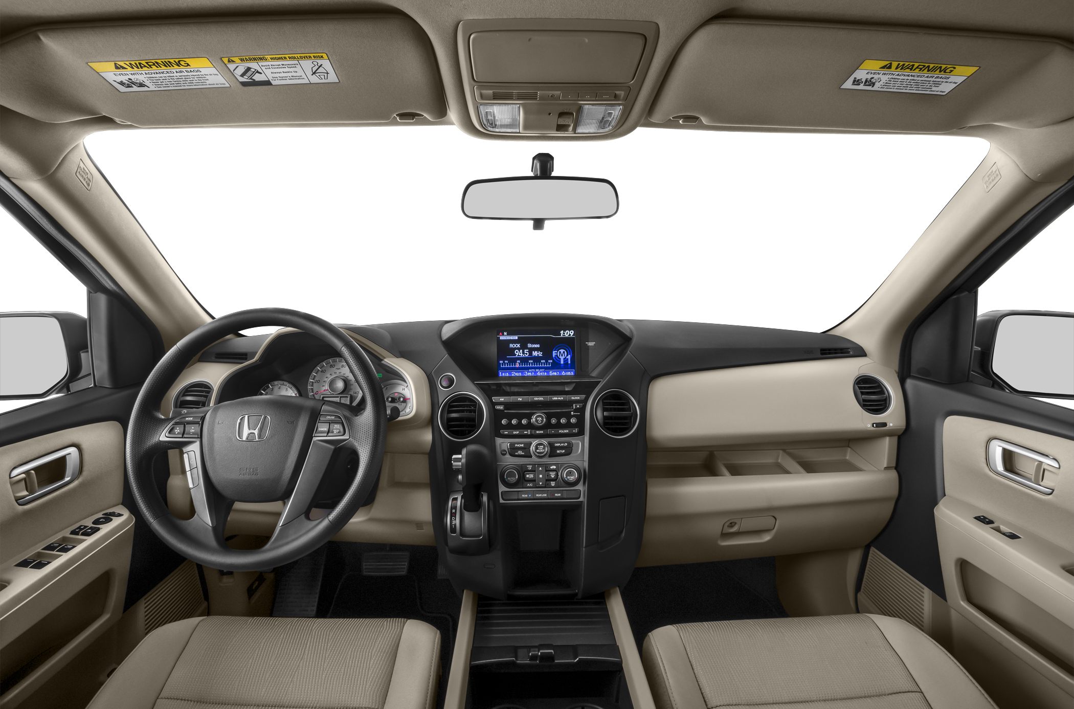 Dashboard and steering wheel with central control panel in beige interior