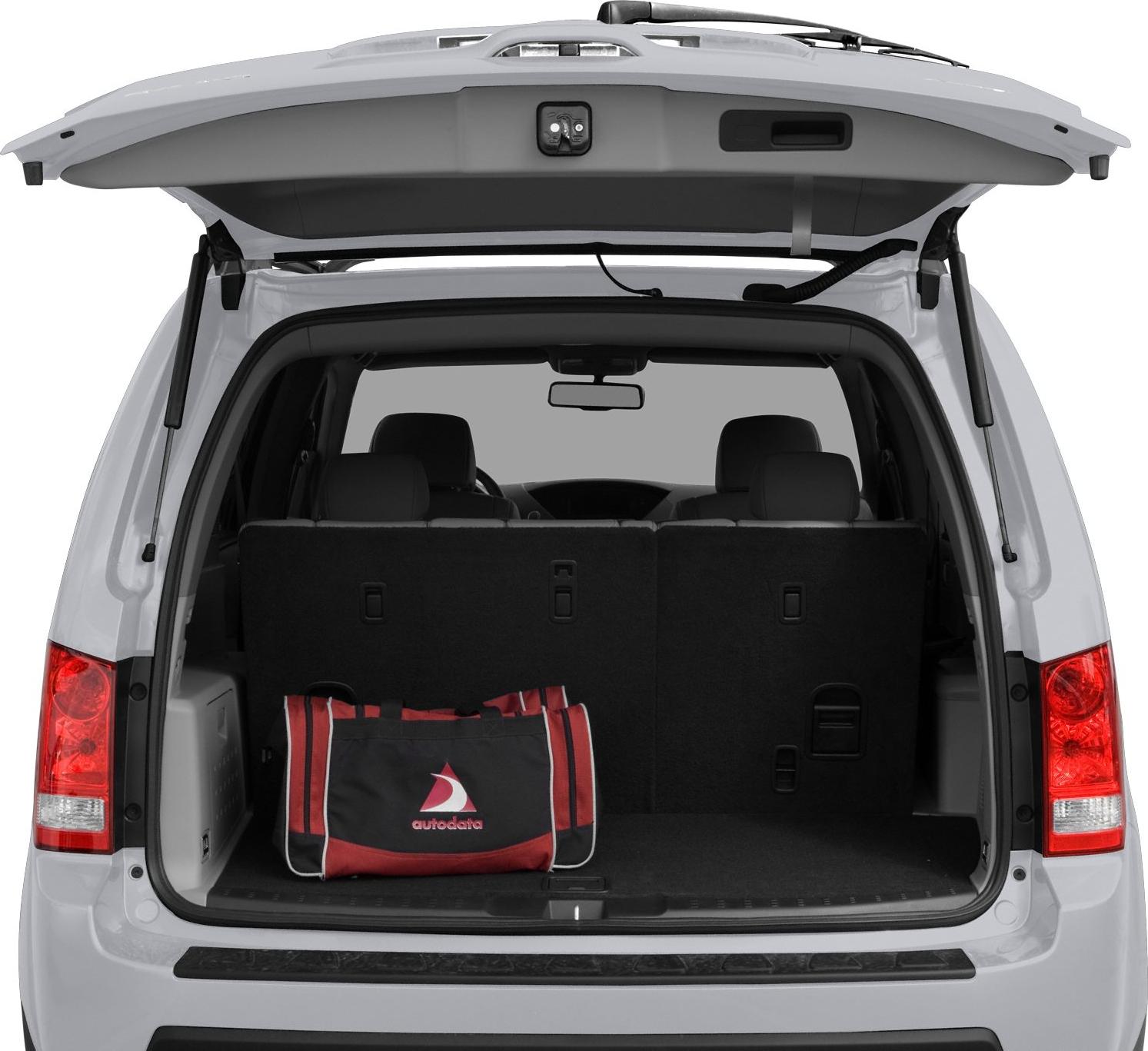 Rear hatch open showing spacious cargo area with duffel bag
