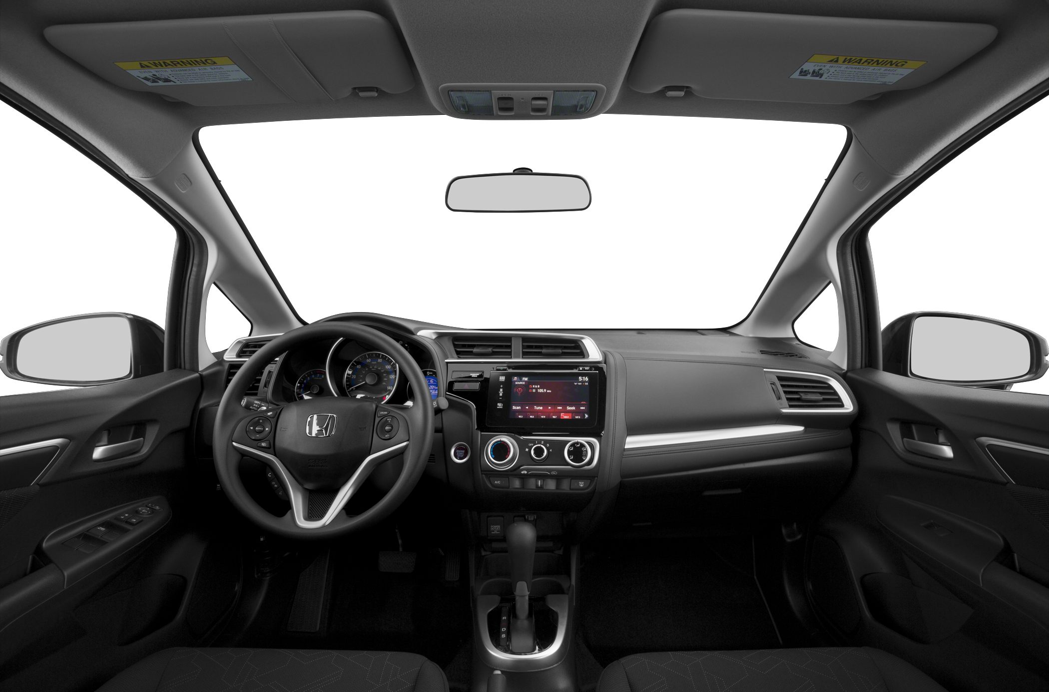 Compact car interior with dashboard, touchscreen and multifunction steering wheel