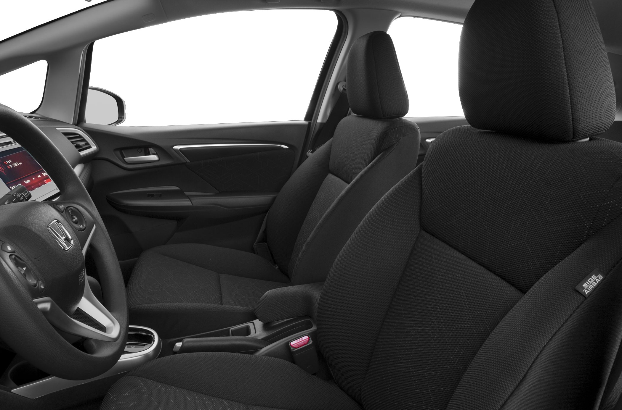 Black fabric front seats and dashboard with steering wheel and door panel