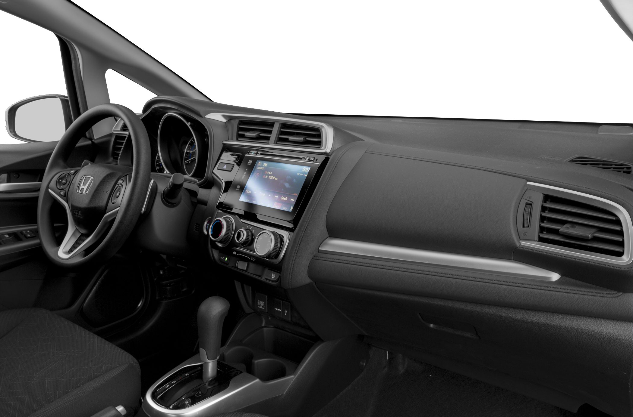 Dashboard and infotainment system with steering wheel and gear shift