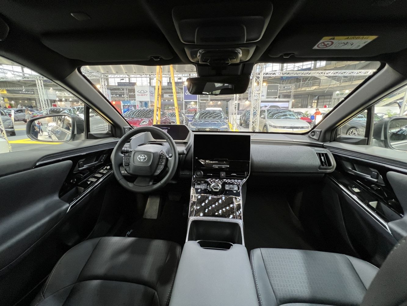 Modern car interior with digital dashboard and touchscreen center console