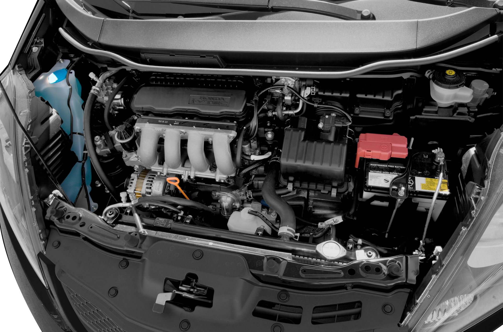 Engine bay with intake manifold, battery, and fluid reservoirs