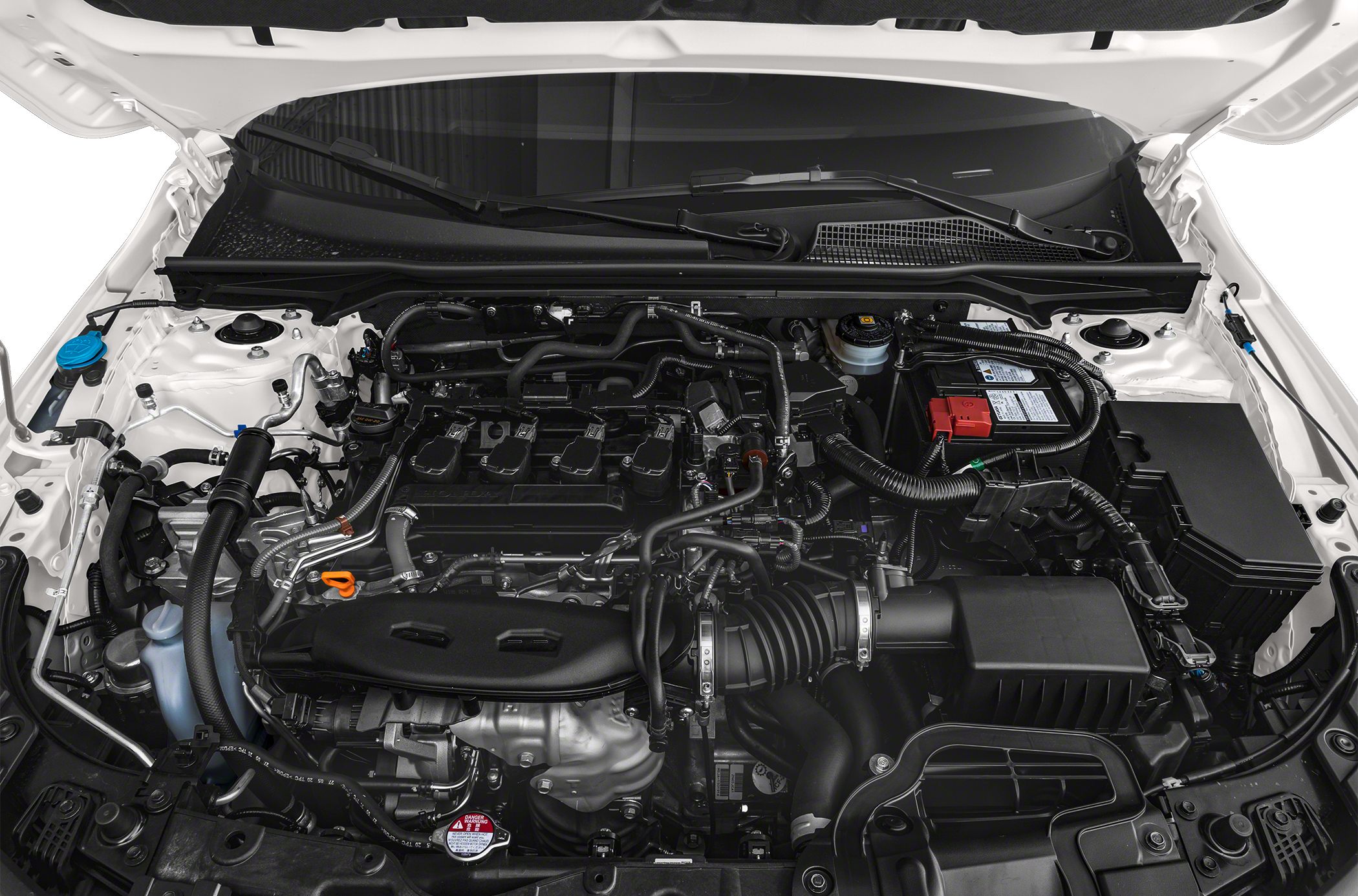 Modern compact sedan engine bay with detailed components and clean layout