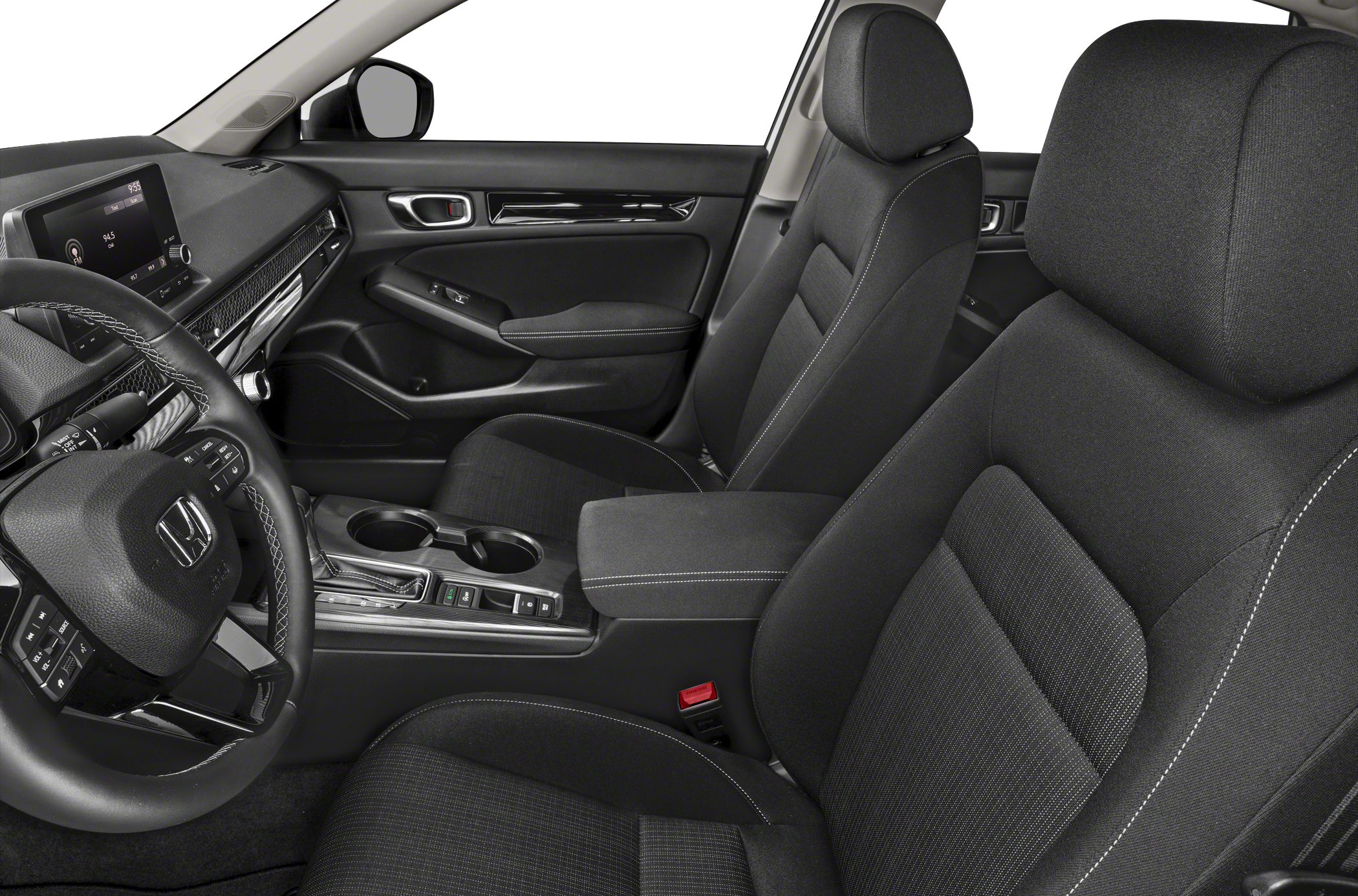 Modern car interior with steering wheel, front seats, and center console