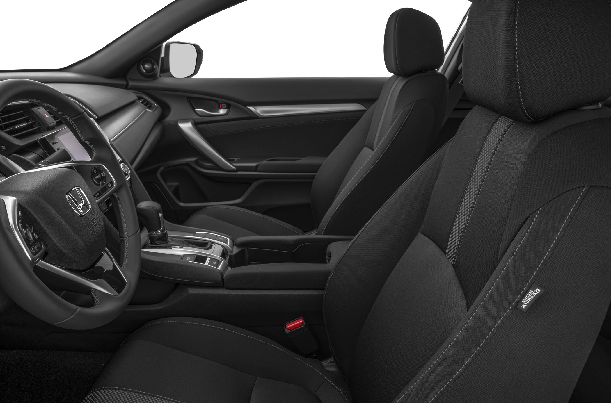 Black fabric seats and modern interior design with ergonomic layout