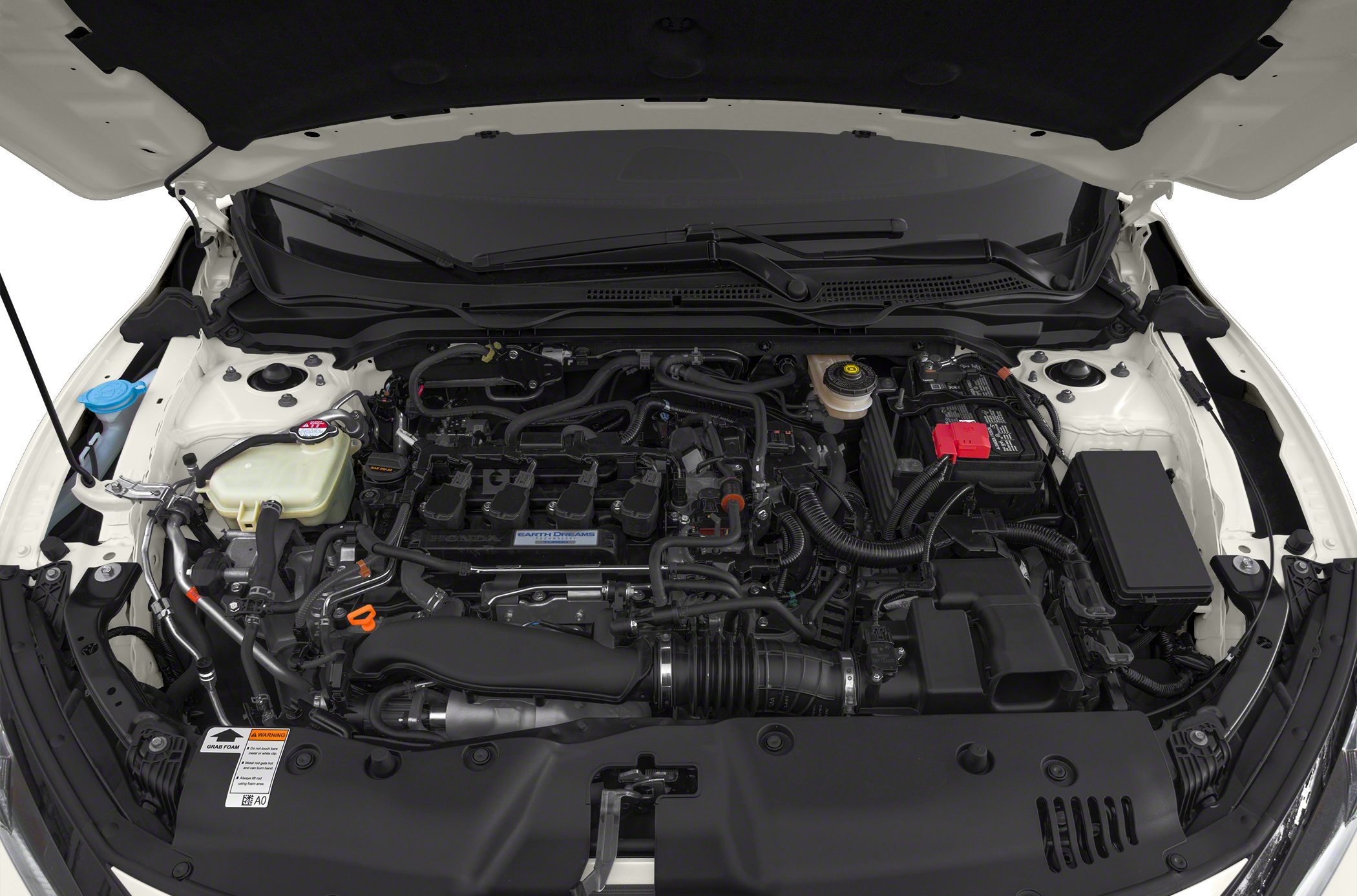 Engine bay with mechanical components and fluid reservoirs