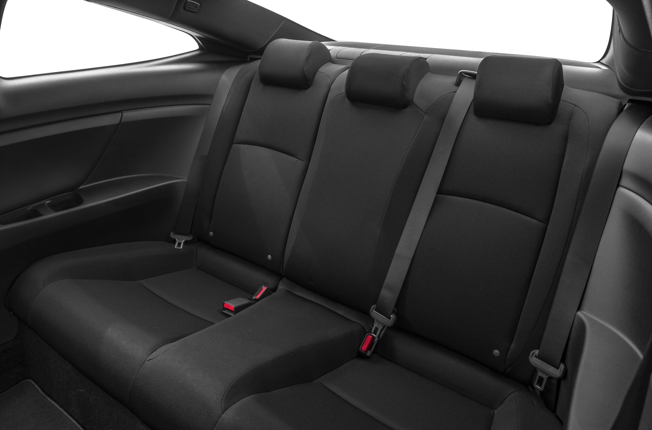 Black fabric rear seats with headrests and seatbelts in compact coupe interior