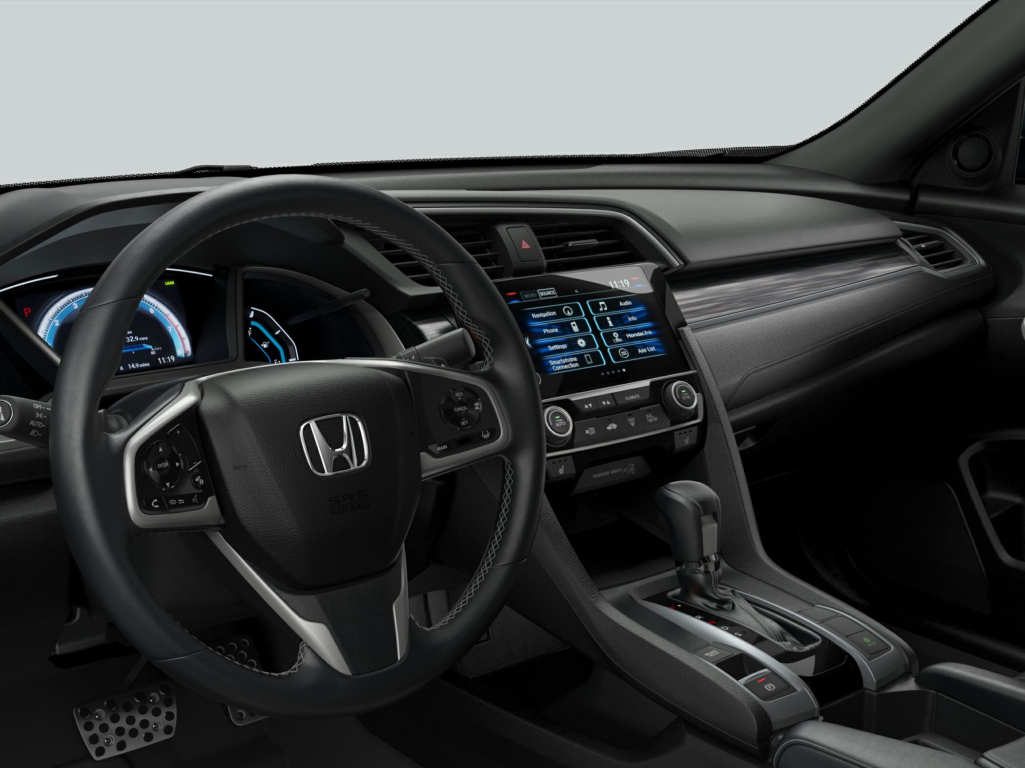 Digital dashboard, multifunction steering wheel, and touchscreen infotainment.