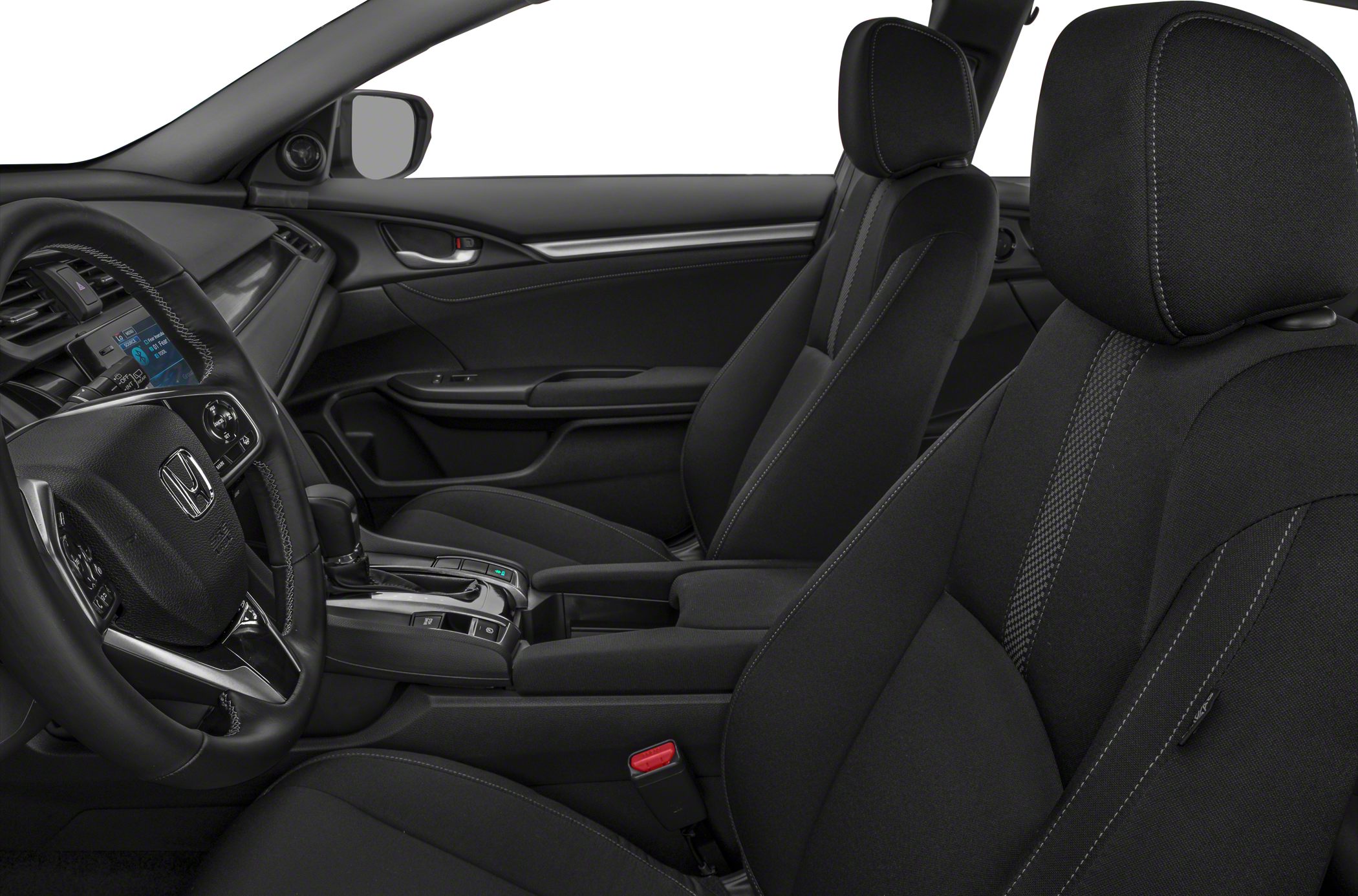 Fabric front seats with detailed stitching and dashboard with steering wheel and infotainment screen.
