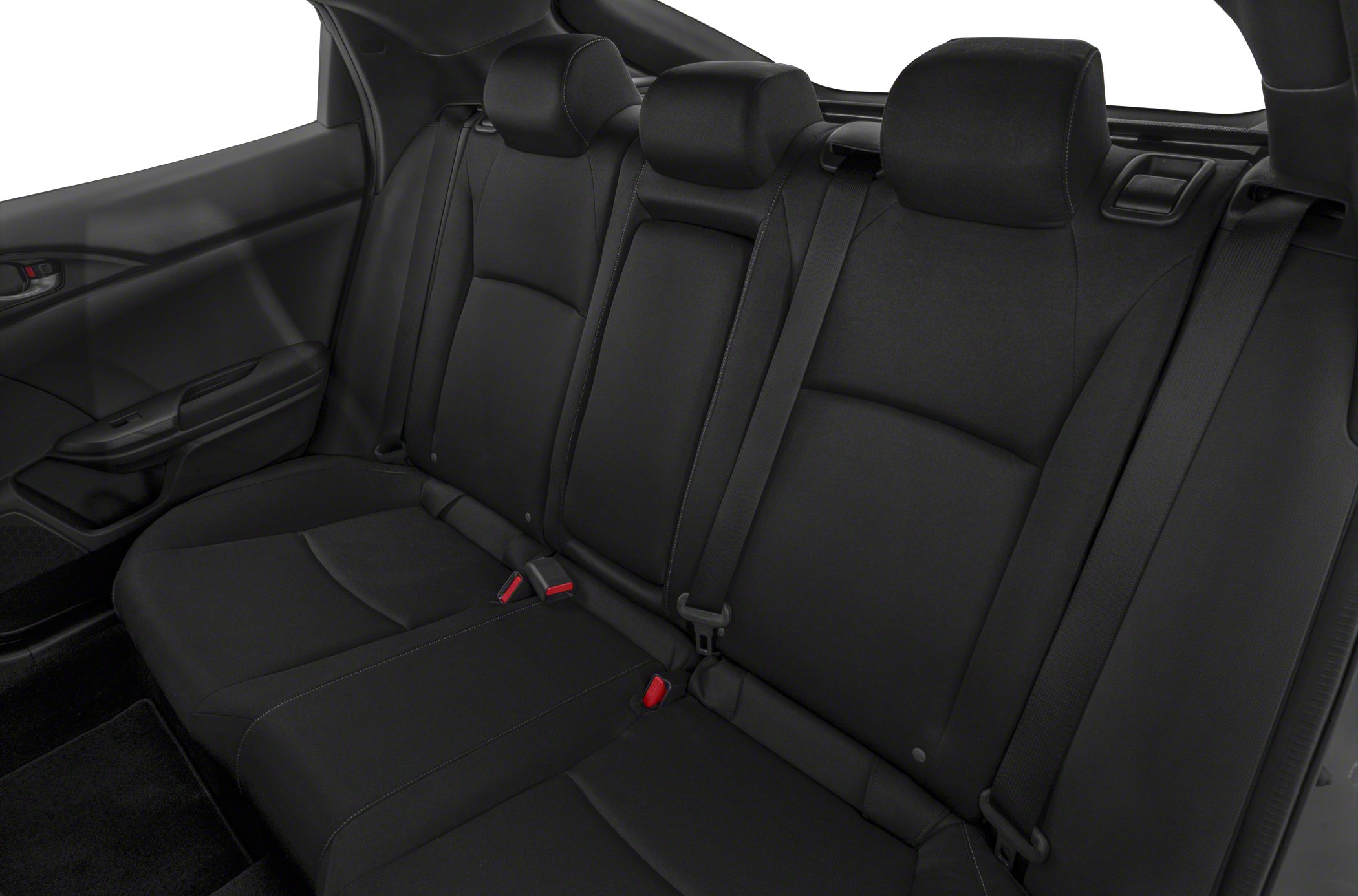 Rear seat with black upholstery, three headrests, and seat belt setup