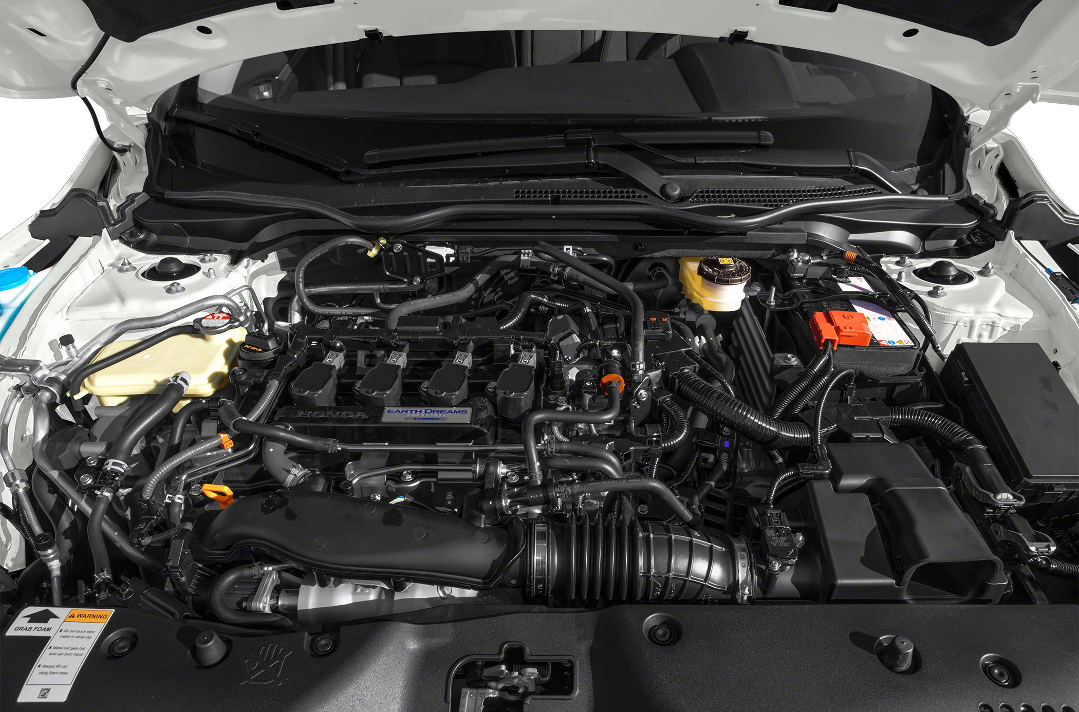 Turbocharged engine bay with organized components and fluid reservoirs