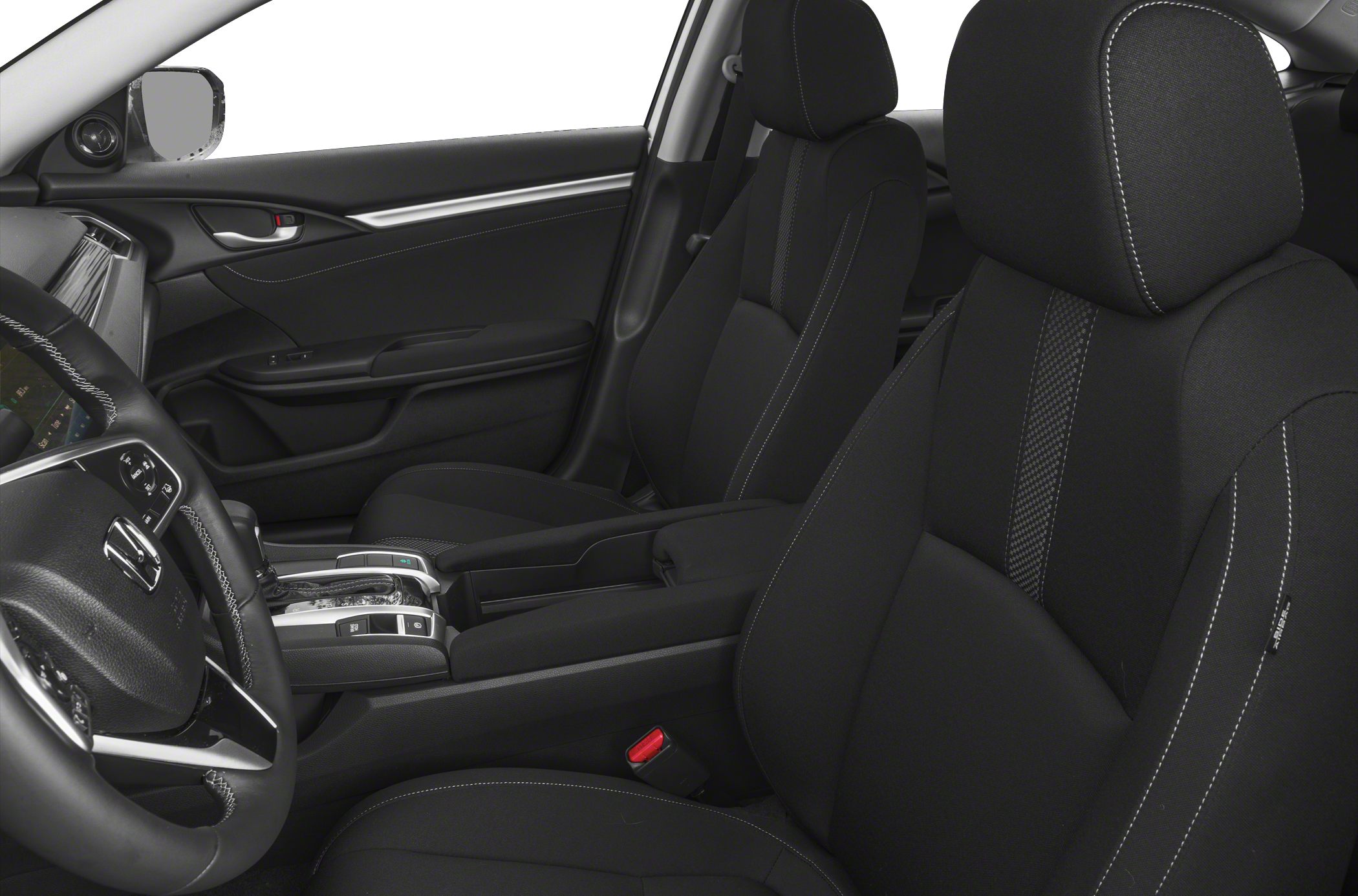 Black upholstered front seats with white contrast stitching and visible center console details