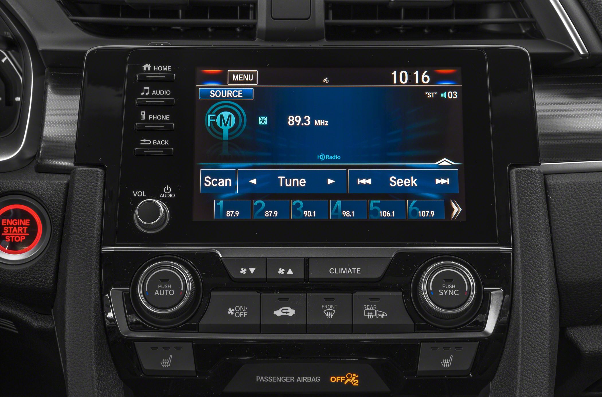 Touchscreen infotainment and climate controls with engine start button