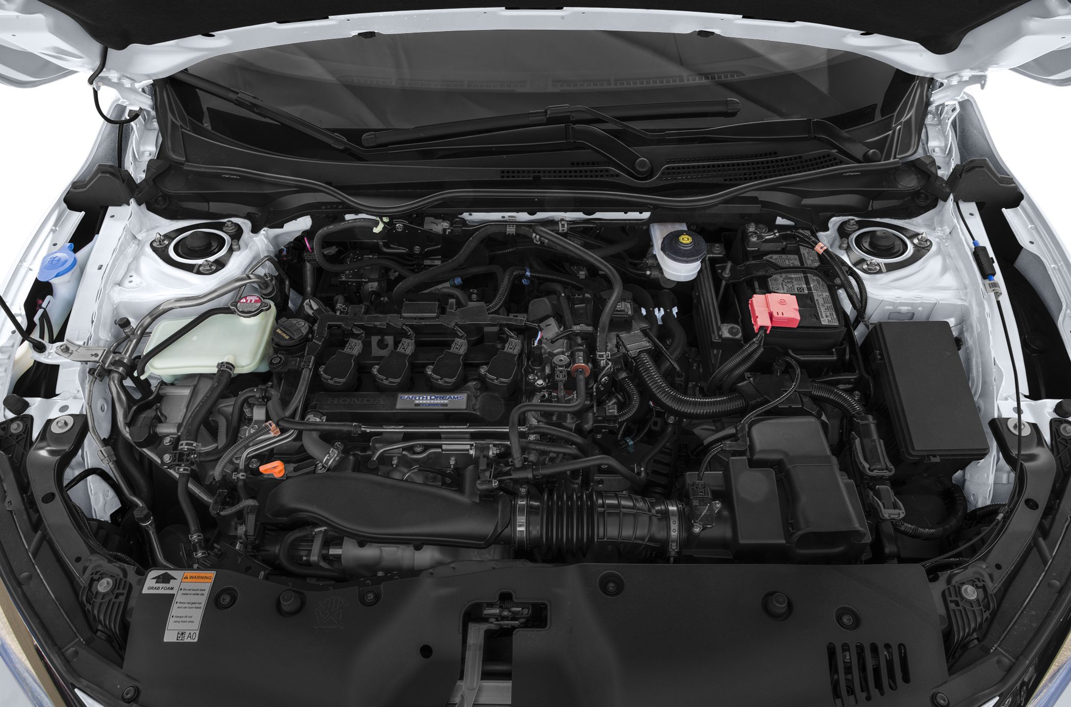 Detailed engine bay with visible intake system and fluid reservoirs