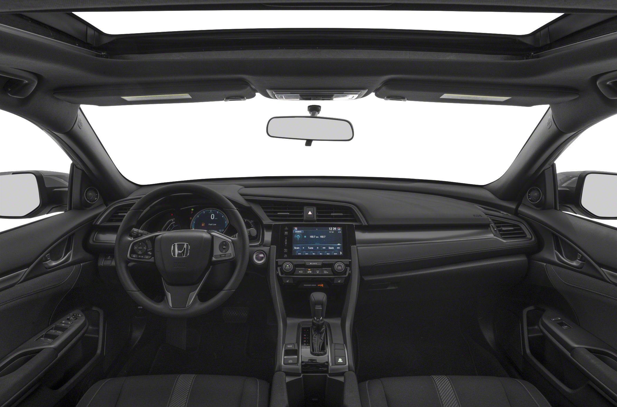 Interior view with dashboard, steering wheel, and digital instrument cluster