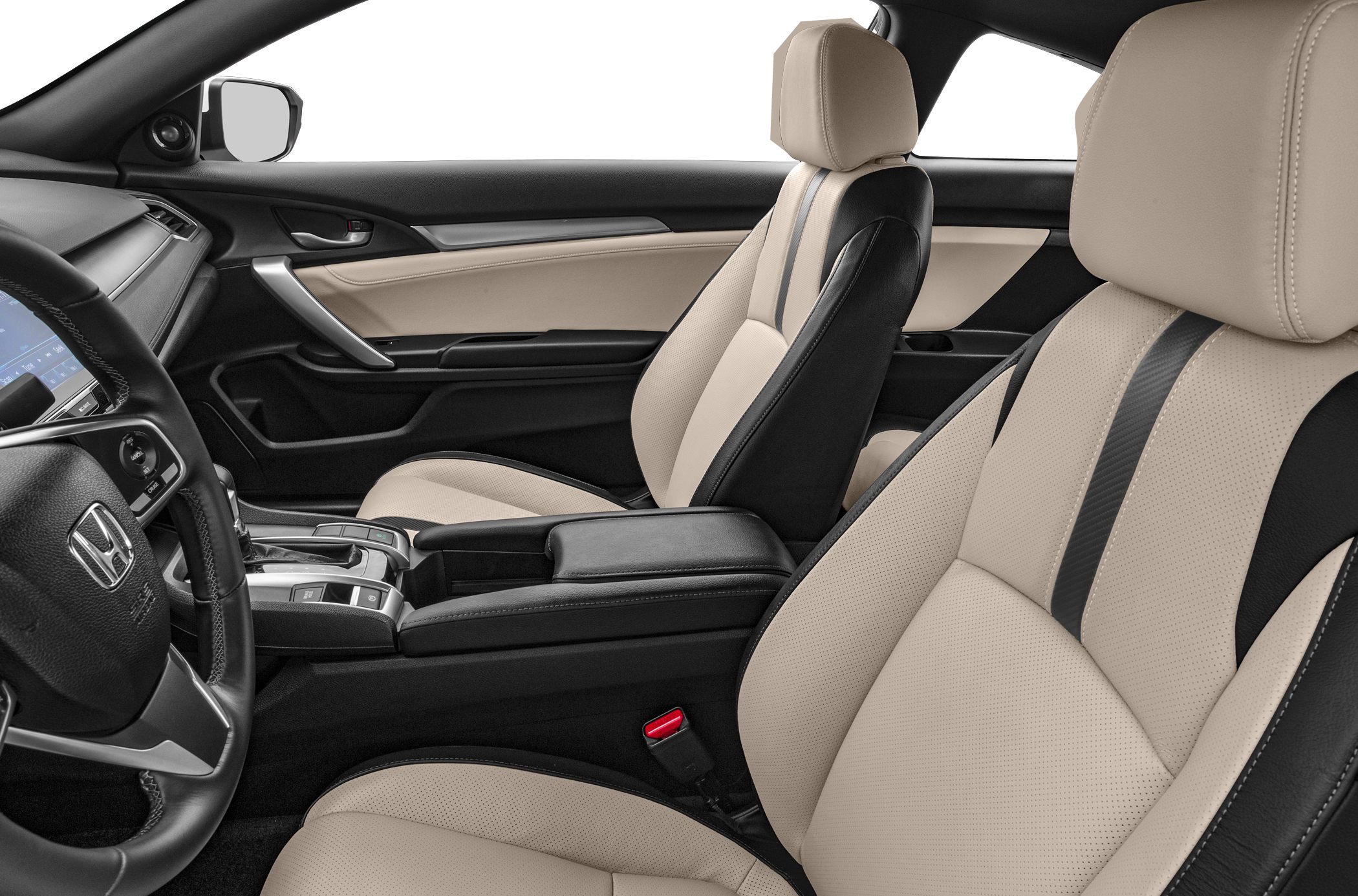Beige and black leather seats with sleek dashboard and center console