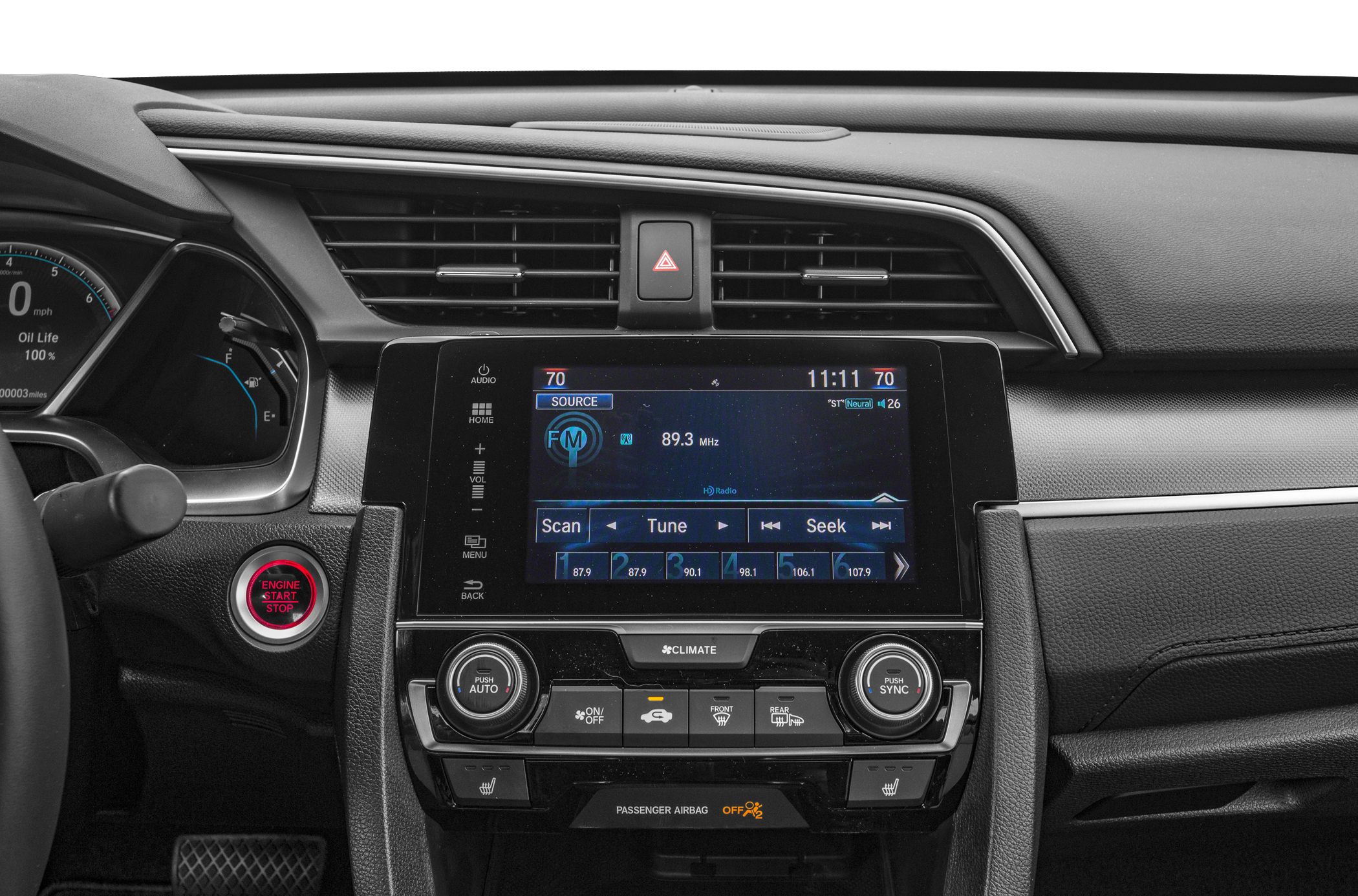 Central touchscreen and climate control panel with push button start