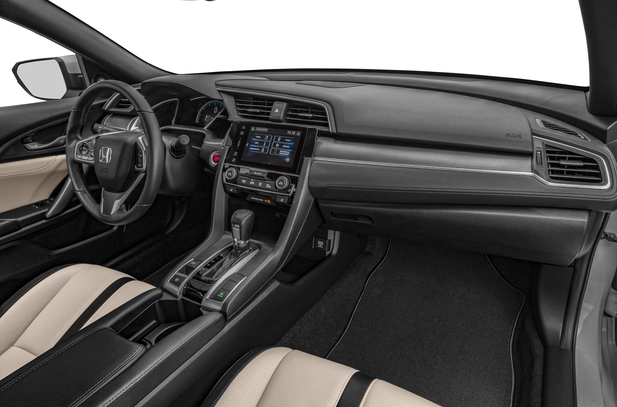 Modern car interior dashboard with infotainment system and automatic gear shifter