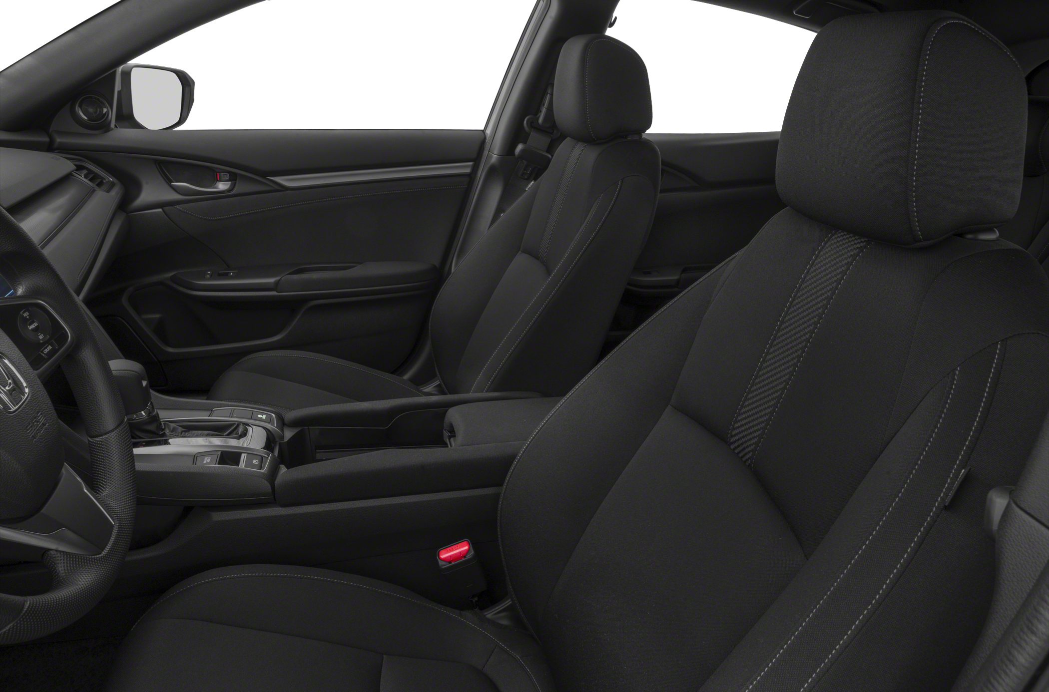 Front seats and dashboard with armrest in black fabric upholstery
