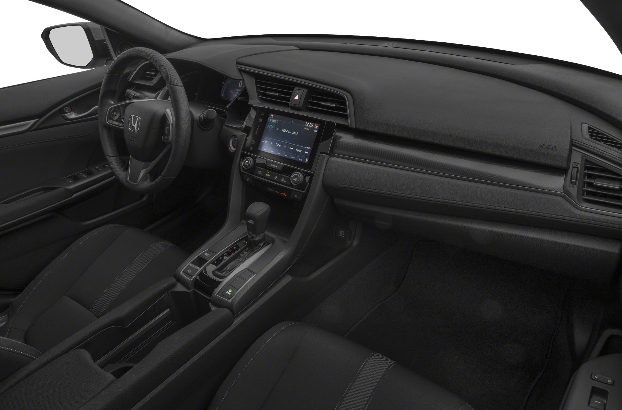 Modern car interior with multifunction steering wheel and touchscreen display
