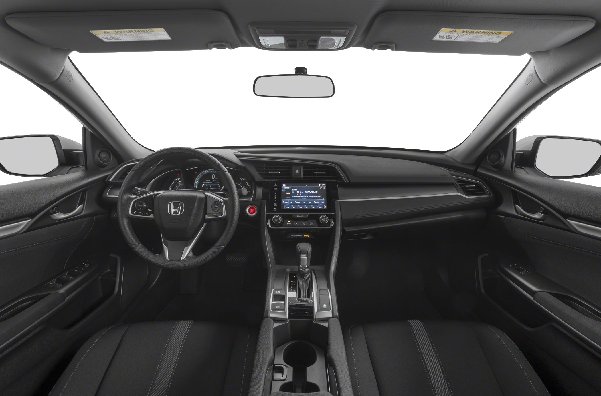 Interior dashboard, steering wheel, and center console with infotainment screen