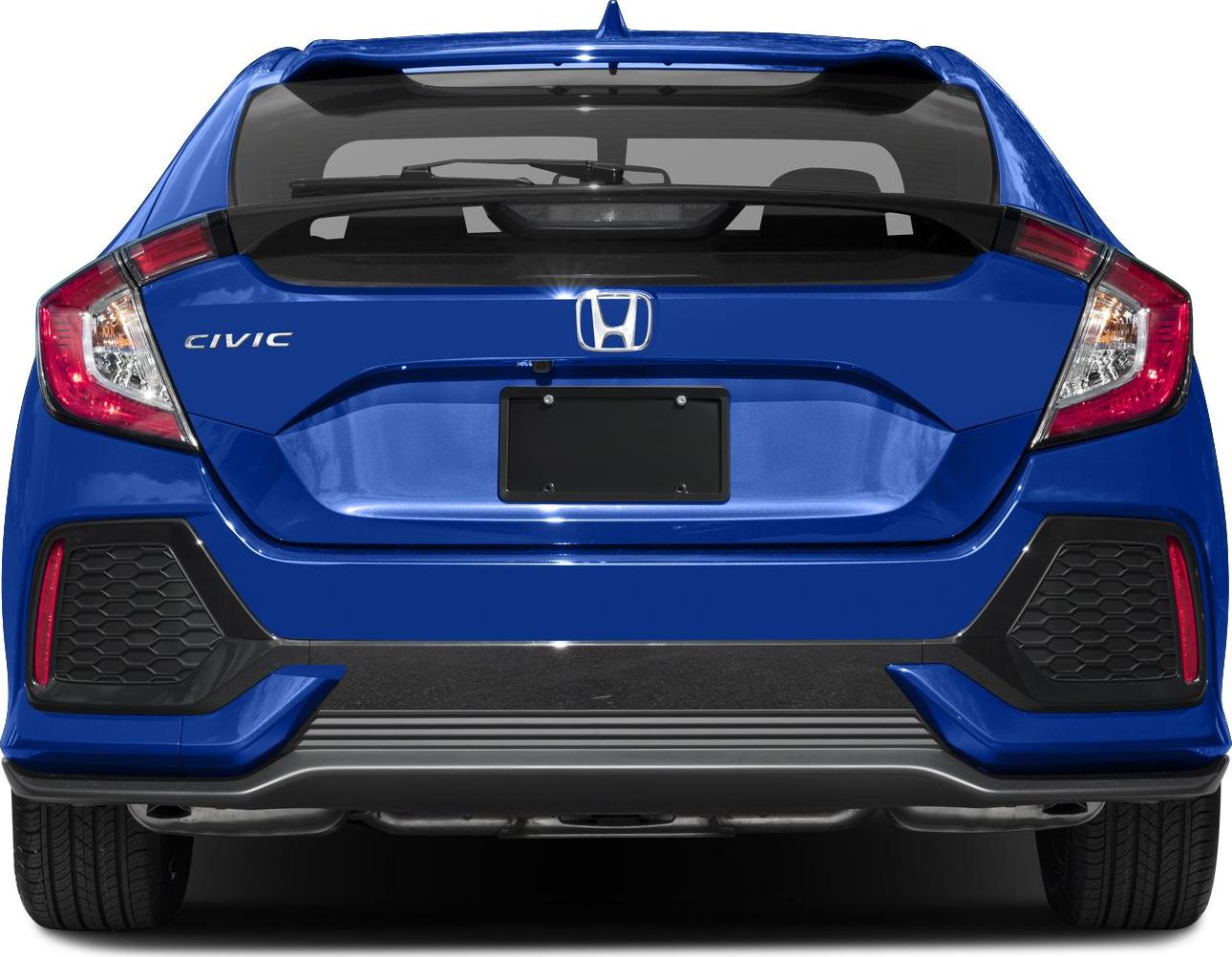 Rear view of a blue hatchback showing tail lights and bumper details